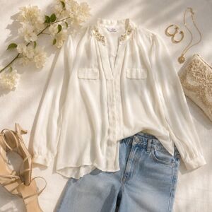 Vintage Candie's Pearl Rhinestone Blouse Sheer Ivory Romantic Coquette Top Boho